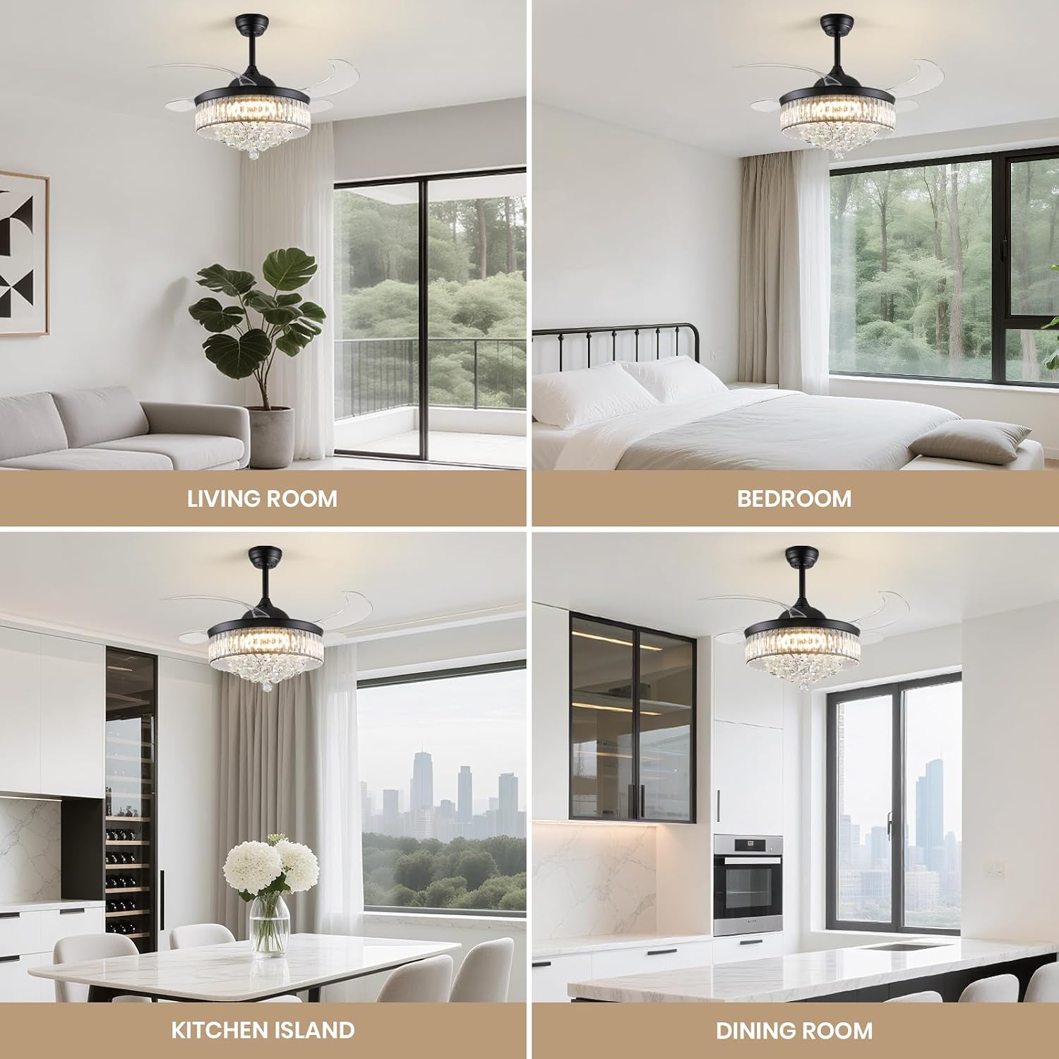 Fandelier Ceiling Fan with Light, 42'' Retractable Ceiling Fans,Crystal Chandelier Fan with LED Dimmable for Bedroom Living Room etc-Black