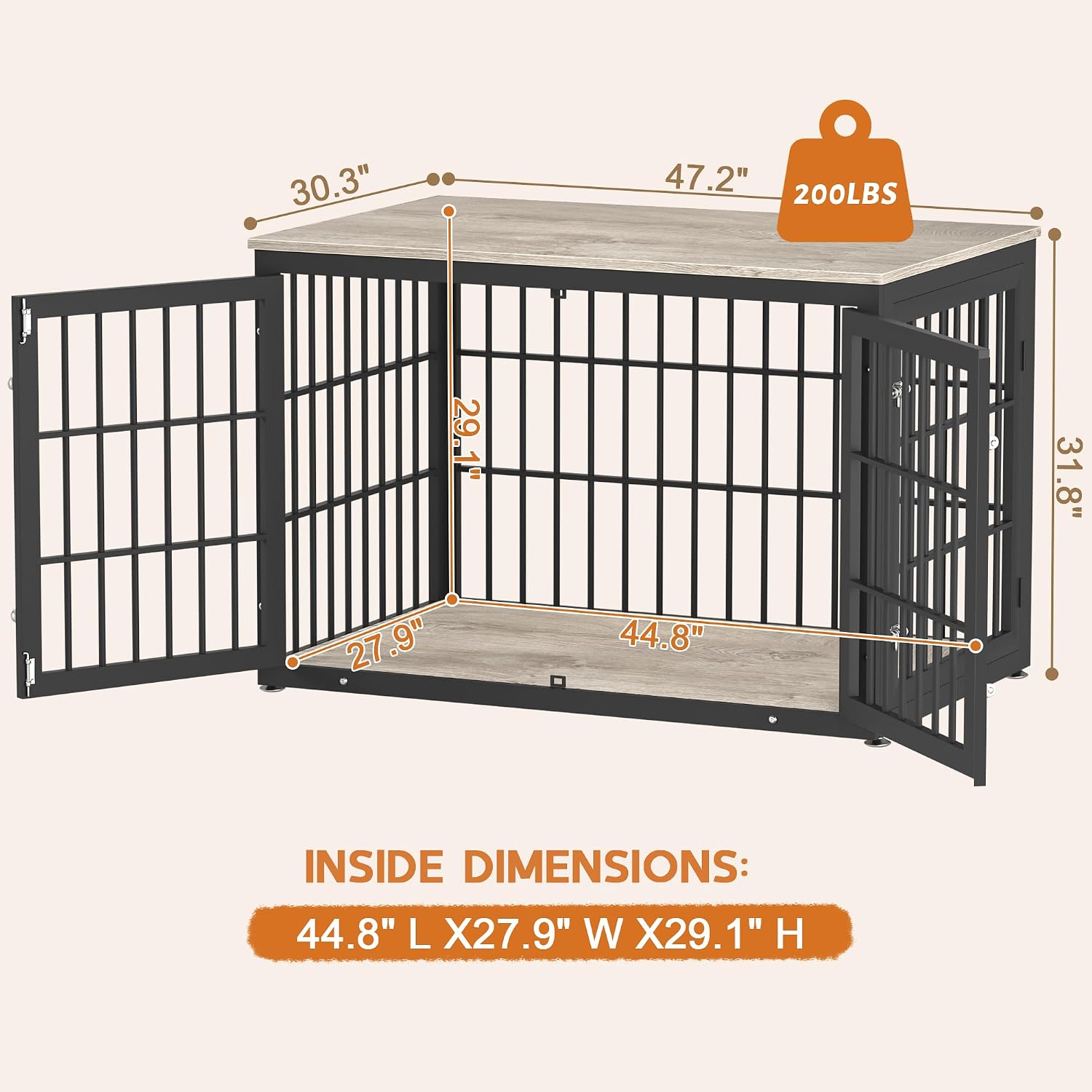 rehomerance 48 Inch Heavy Duty Dog Crate Furniture for Large and Medium Dogs, Decorative Pet House End Table, Wooden Cage Kennel Furniture Indoor, Grey