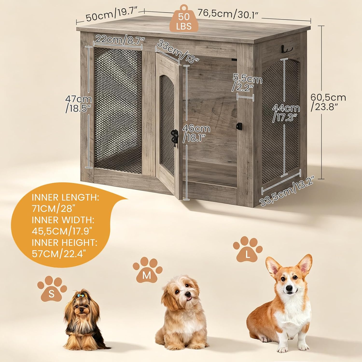 CHOEZON Wooden 30.1' Dog Crate Furniture, Farmhouse Pet Cage End Table with Secure Lock, Ventilated Mesh for Medium Dogs, Dog Kennel Furniture for Living Room, Bedroom, Greige MGW02FH