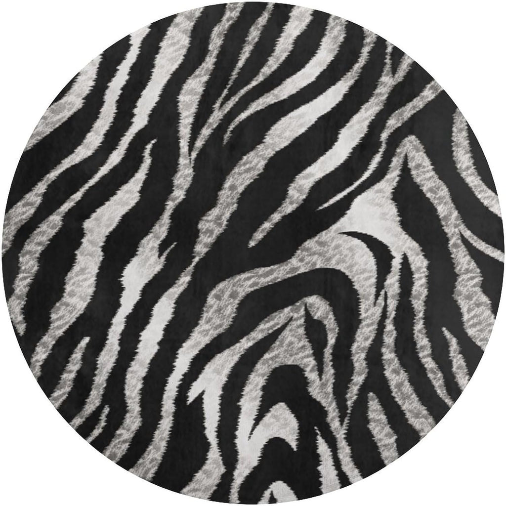 Black and White Zebra Print Coral Velvet Round Floor Mat Non-Slip Bath Rug Floor Covering for Bathroom Vanity Guest Suite & Vacation Home