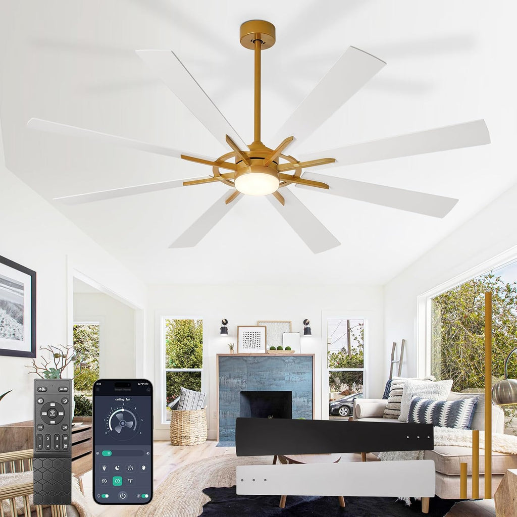 DLLT 66-Inch Ceiling Fan with Light: Farmhouse 8-Blade Bronze White Indoor Outdoor Fans with Remote App Control Dimmable Light - Ultra Quiet DC Motor Reversible 6 Speed Timer