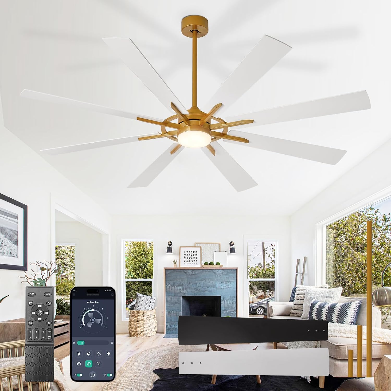 DLLT 66-Inch Ceiling Fan with Light: Farmhouse 8-Blade Bronze White Indoor Outdoor Fans with Remote App Control Dimmable Light - Ultra Quiet DC Motor Reversible 6 Speed Timer