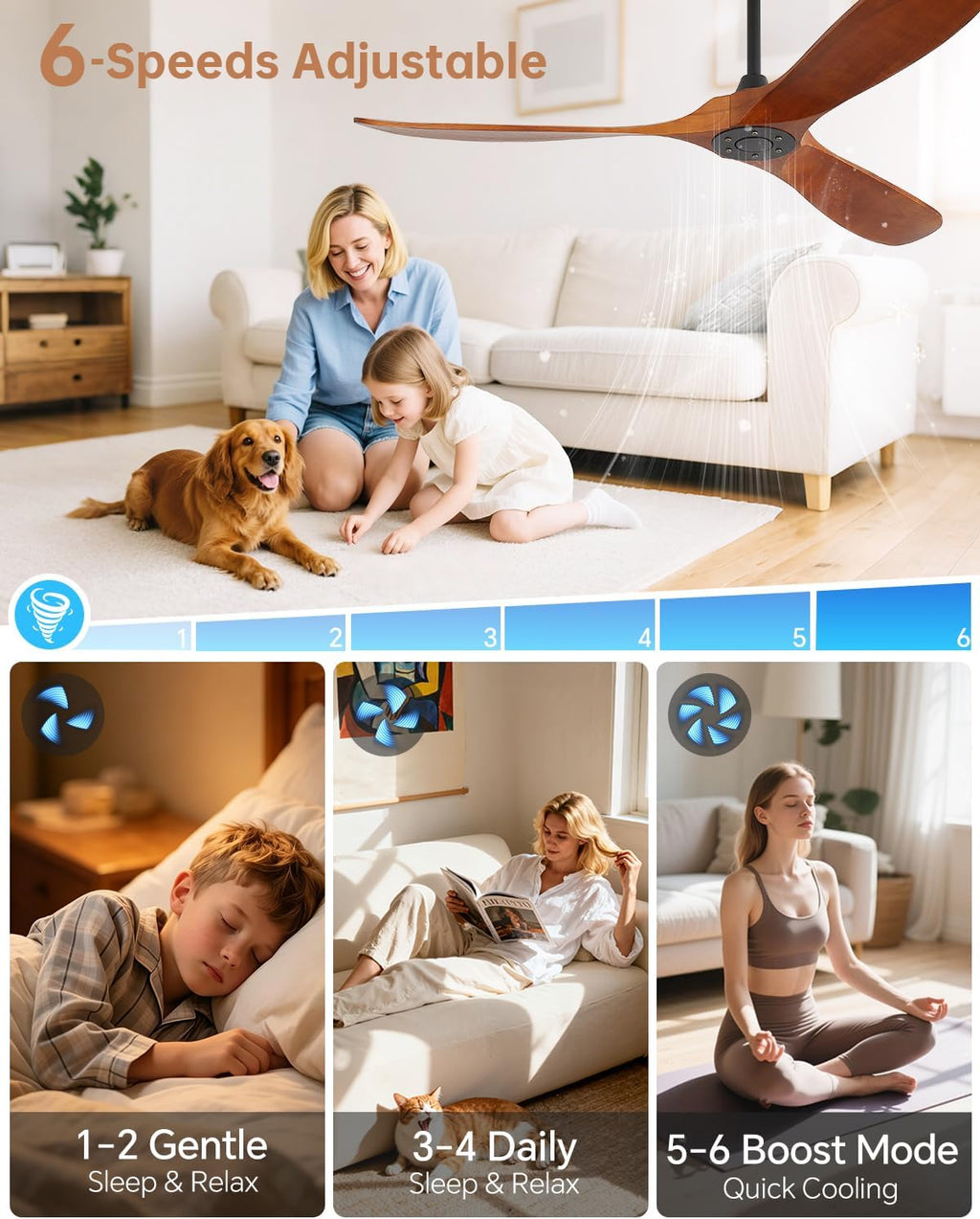 Sofucor 60 Inch Ceiling Fans No Light-Outdoor Ceiling Fan with Remote Control, Quiet DC Motor, 3 Blades Modern Solid Wood Ceiling Fan Without Light for Indoor Bedroom Living Room Patios Farmhouse