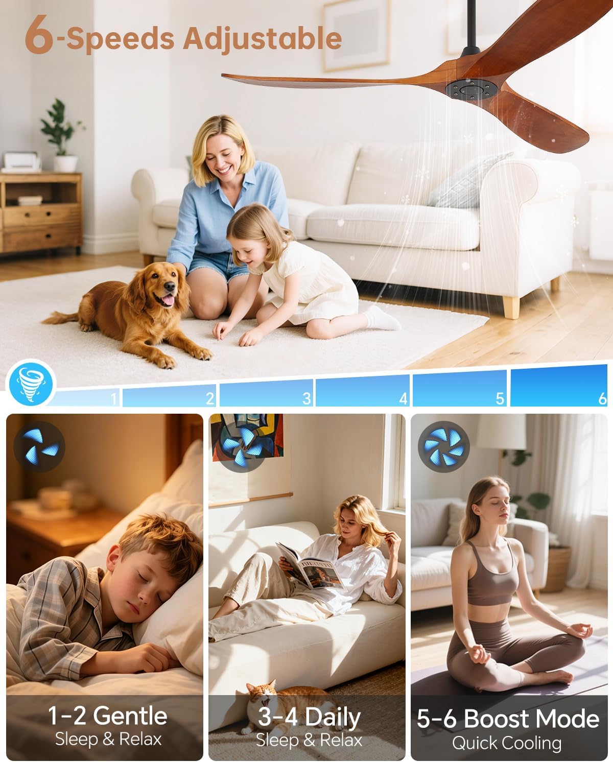 Sofucor 60 Inch Ceiling Fans No Light-Outdoor Ceiling Fan with Remote Control, Quiet DC Motor, 3 Blades Modern Solid Wood Ceiling Fan Without Light for Indoor Bedroom Living Room Patios Farmhouse