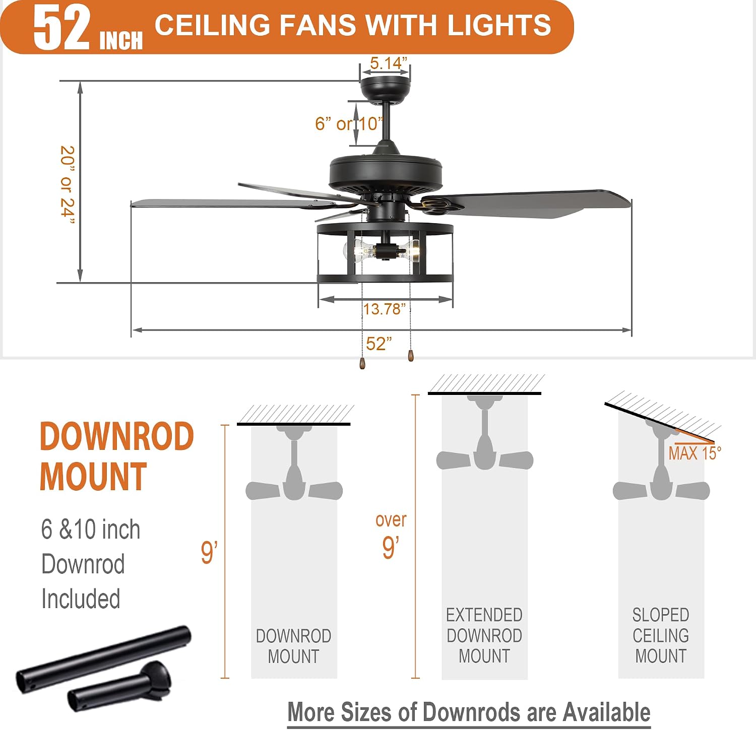 52 Inch Ceiling Fans with Lights, Farmhouse Black Ceiling Fan for Bedroom Living Room, Rustic Outdoor Ceiling Fans for Patios, Pull Chain Control, 3 Speeds, Reversible Airflow, ETL