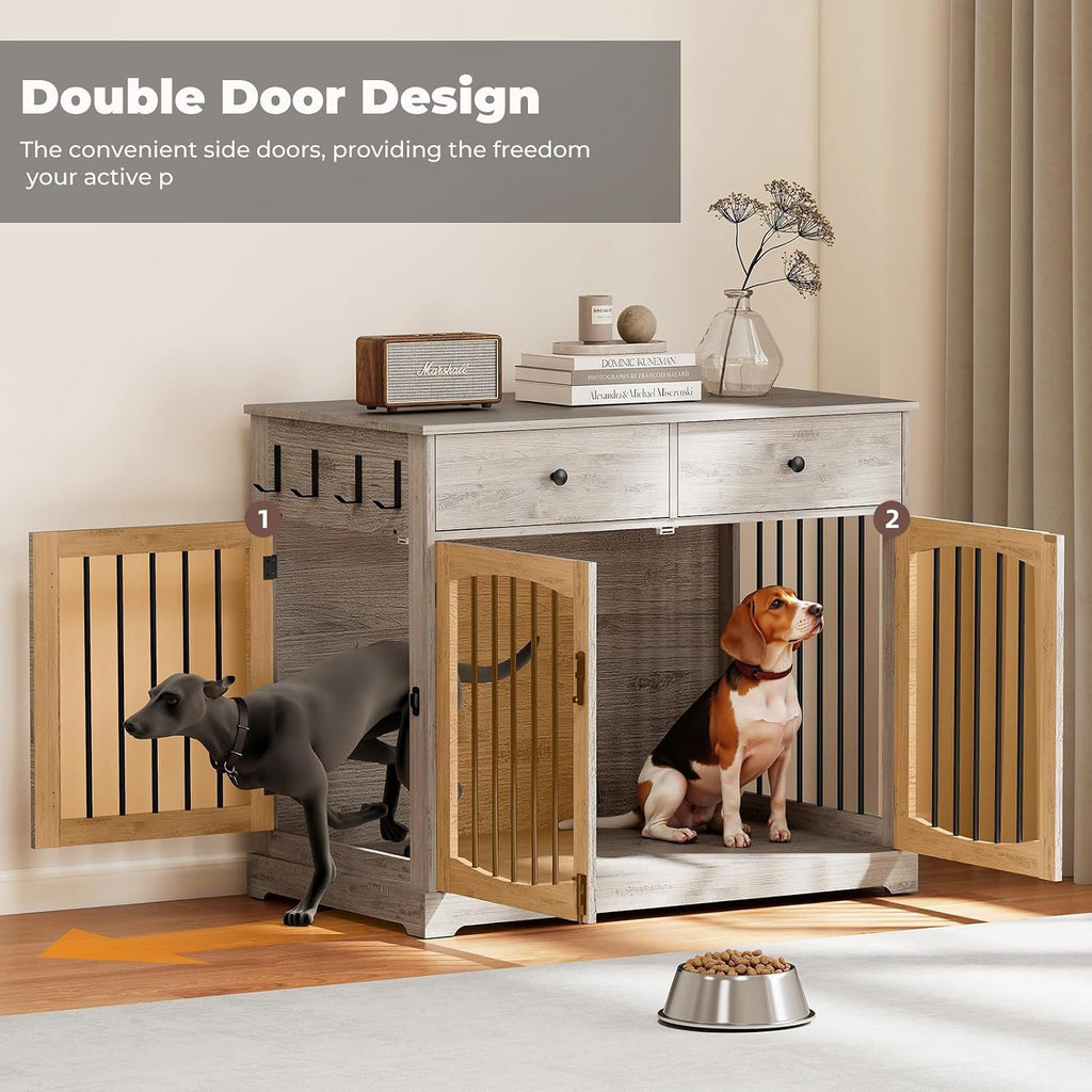 40 Inch Dog Crate Furniture, Wooden Dog Kennel Furniture, Heavy-Duty Dog Crate End Table with Storage Drawers, Double Doors Decorative Pet Cage House Indoor for Medium Large Dog, Gray