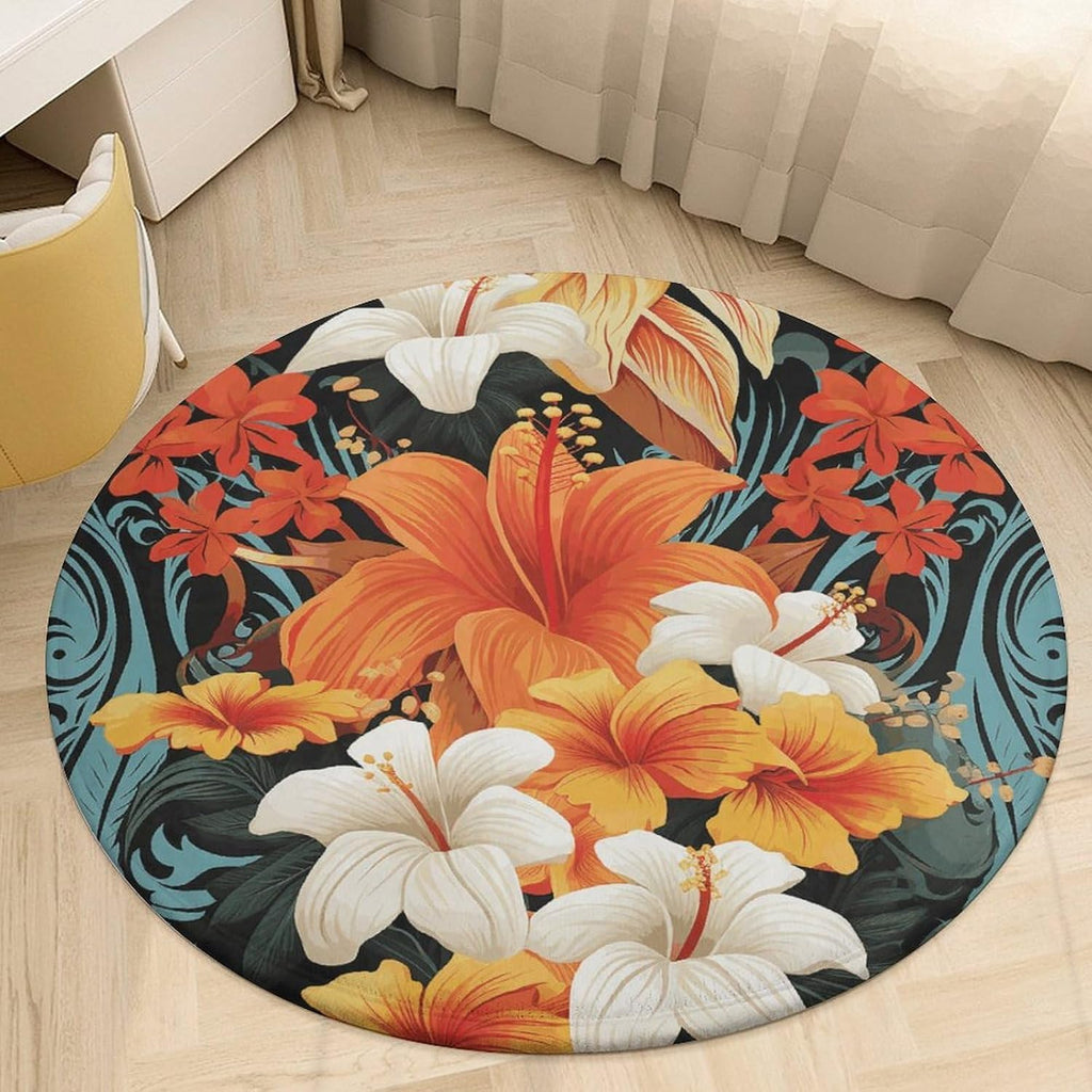 Flowers and Hawaiian Tribal Patterns on Black Background Coral Velvet Round Floor Mat Non-Slip Bath Rug Floor Covering for Bathroom Vanity Guest Suite & Vacation Home