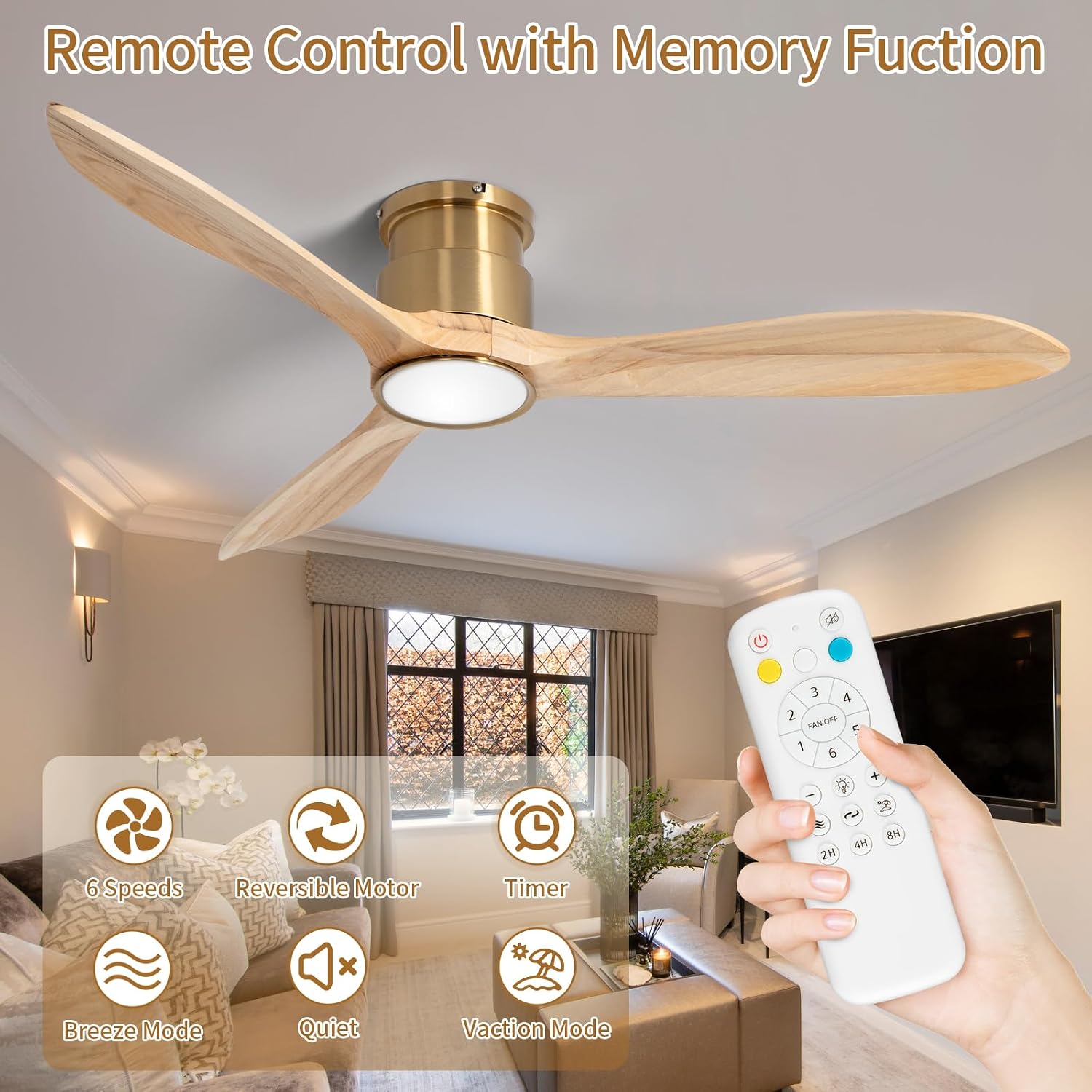 52inch Ceiling Fan with Lights,Wood Low Profile Ceiling Fans with Remote Control,Dimmable Light,3 CCT,6 Speeds,Noiseless DC Motor,Ceiling Fan for Bedroom,Living Room,Office,Indoor,Natural Wood Grain
