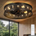Fandelier Ceiling Fan with Light, Vintage Victorian Rustic Crystal Fandelier, Caged Enclosed Bladeless Chandelier Fan, Low Profile Flush Mount for Bedroom, Kitchen, Living Room, Dining Room