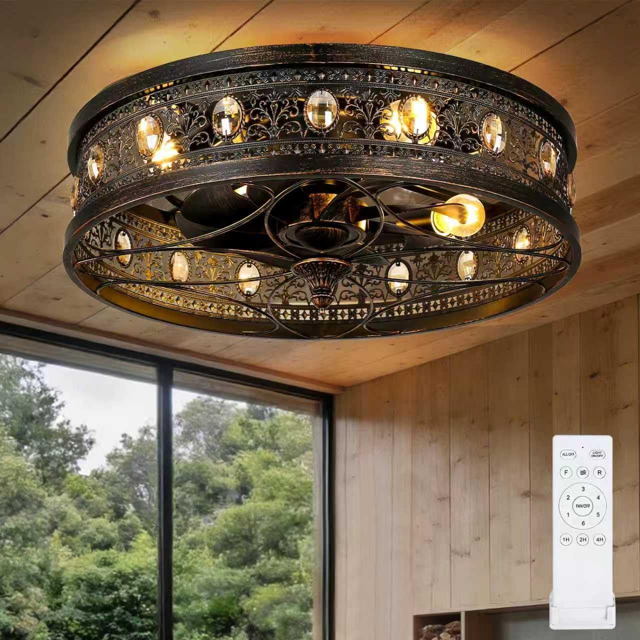 Fandelier Ceiling Fan with Light, Vintage Victorian Rustic Crystal Fandelier, Caged Enclosed Bladeless Chandelier Fan, Low Profile Flush Mount for Bedroom, Kitchen, Living Room, Dining Room