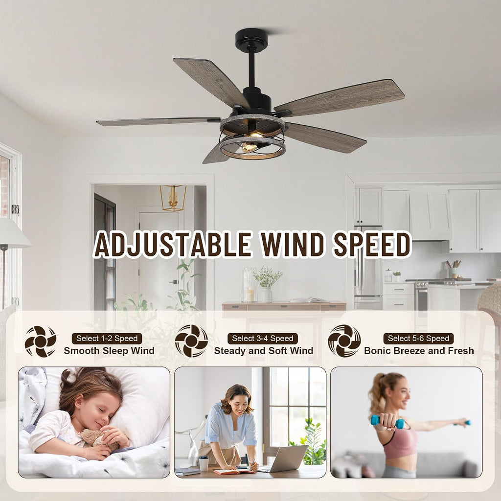 52'' Farmhouse Ceiling Fans with Lights and Remote,Chandelier Ceiling Fan with Reversible DC Motor,5 Double Colour Blades,Rustic Caged Ceiling Fan for Living Room,Dining Room,Bedroom