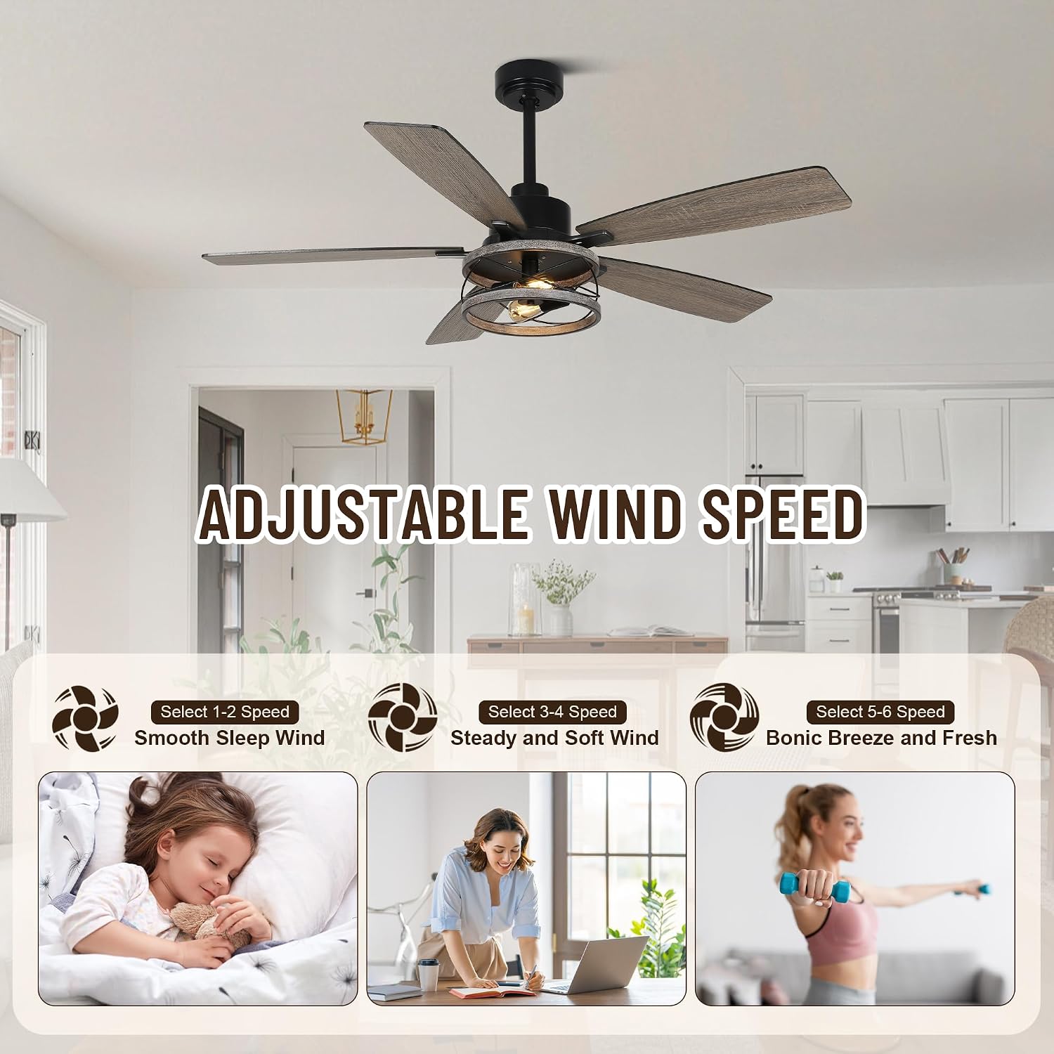 52'' Farmhouse Ceiling Fans with Lights and Remote,Chandelier Ceiling Fan with Reversible DC Motor,5 Double Colour Blades,Rustic Caged Ceiling Fan for Living Room,Dining Room,Bedroom