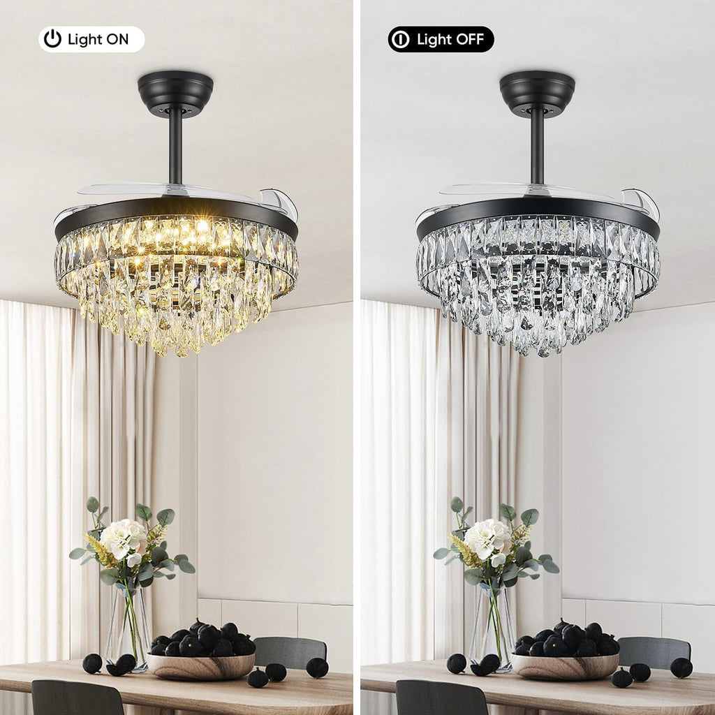 48 Inch Chandelier Ceiling Fan with Lights, Retractable Fan with Remote and APP, Crystal Fandelier Ceiling Fan, Dimmable LED, Reversible Motor, Quiet for Bedroom Living Room-Black