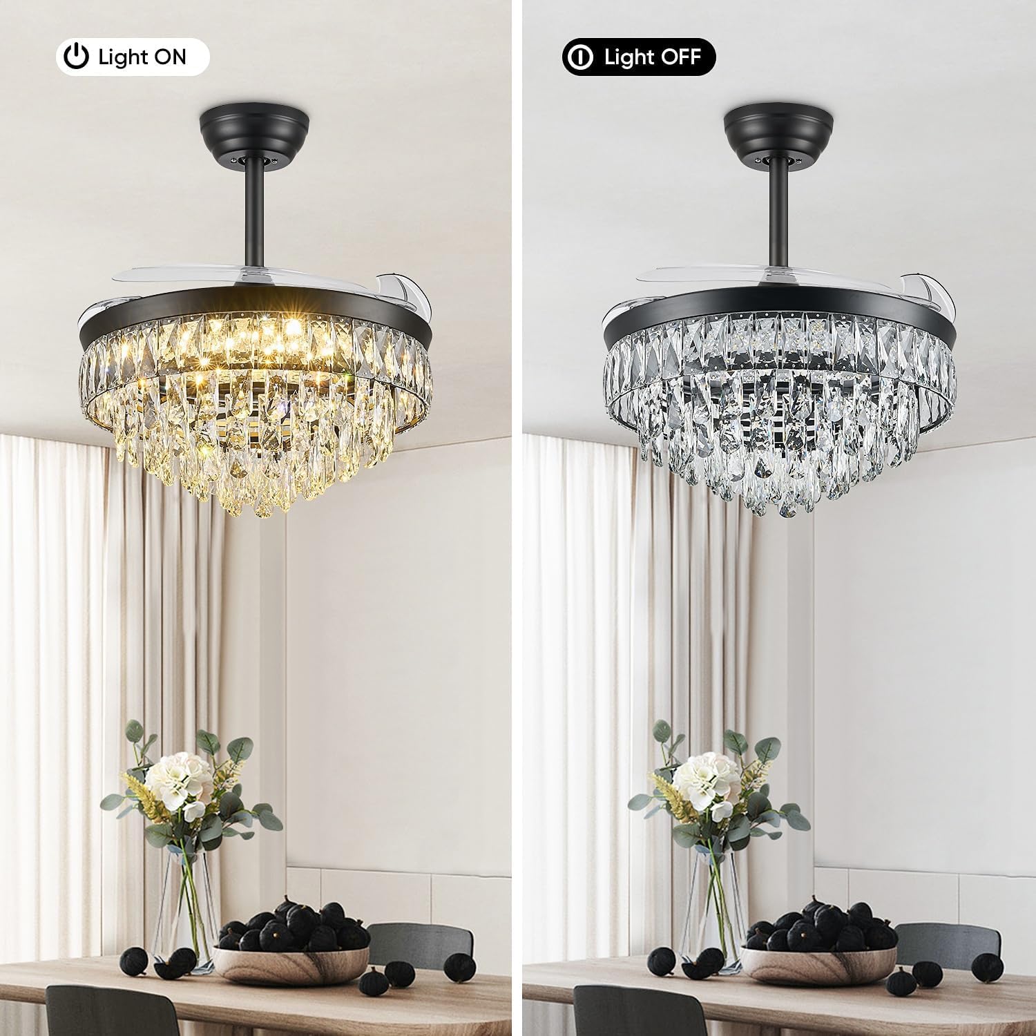 48 Inch Chandelier Ceiling Fan with Lights, Retractable Fan with Remote and APP, Crystal Fandelier Ceiling Fan, Dimmable LED, Reversible Motor, Quiet for Bedroom Living Room-Black