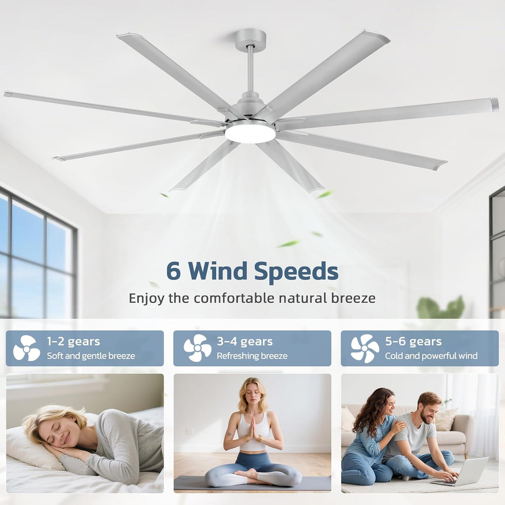84 Inch Large Ceiling Fan with Light, 8 Aluminum Blades, DC Motor, 6 Speed Remote Control, Modern Indoor Outdoor Ceiling Fan with 3 Downrods, Reversible Quiet Fan for Living Room,Great Room,Patio,Shop