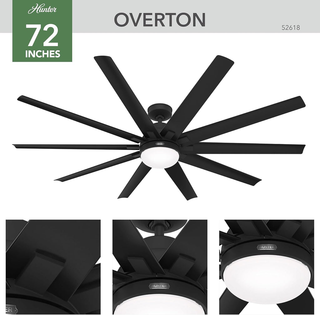 Hunter 72 inch Outdoor or Indoor Ceiling Fan with LED Light - Black Ceiling Fan with Wall Control, for Patio, Garage, or Porch, Quiet, Standard Mount, 10 Blades - Overton 52618, Matte Black