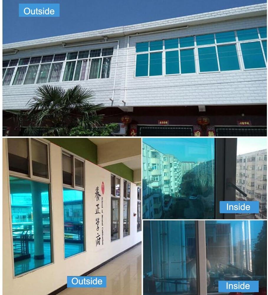 HOHOFILM 60' x 33ft Roll Blue Silver Window Film Daytime Privacy One Way Vision Sun Blocking Mirror Heat Reduction Reflection Adhesive for Glass