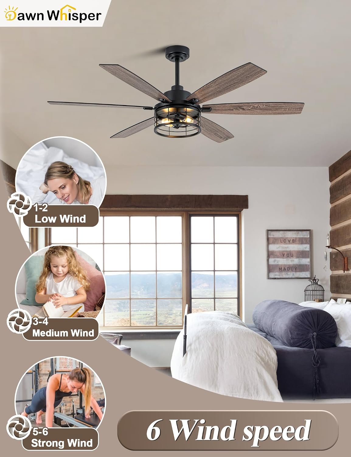 60 Inch Farmhouse Ceiling Fans with Lights Black Caged Rustic Industrial Chandelier Fans for Living Room Bedroom Quiet Reversible DC Motor 6 Speeds 6 Modern-Farmhouse Styles Dual-Finish Blade