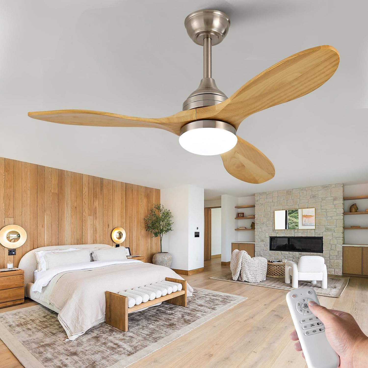 OKDNEG 42 Inch Ceiling Fans with Lights and Remote, Brushed Nickel 3 Blade Outdoor Ceiling Fans,3CCT Dimmable,Timer,Quiet DC Motor,6 speed,Indoor Outdoor Ceiling Fan for Offices Farmhouse Gazebo Patio