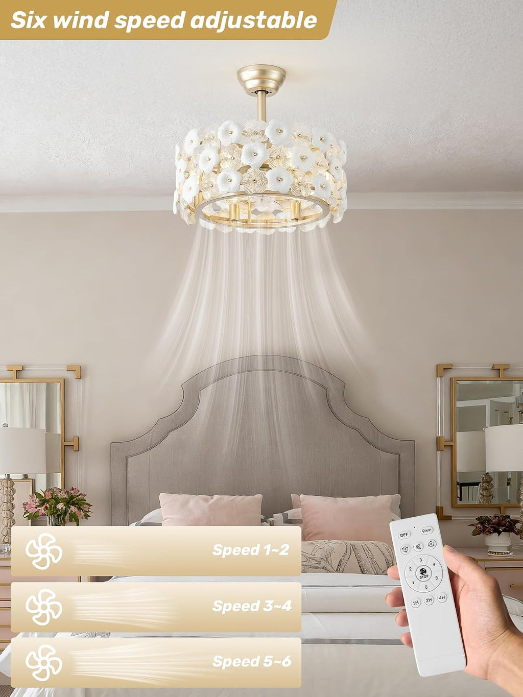 20' Gold Flower Crystal Fandelier Ceiling Fan with Light, Gold Crystal Chandelier Ceiling Fans Remote Control, Caged 6 Speeds for Bedroom, Living Room, Nursery
