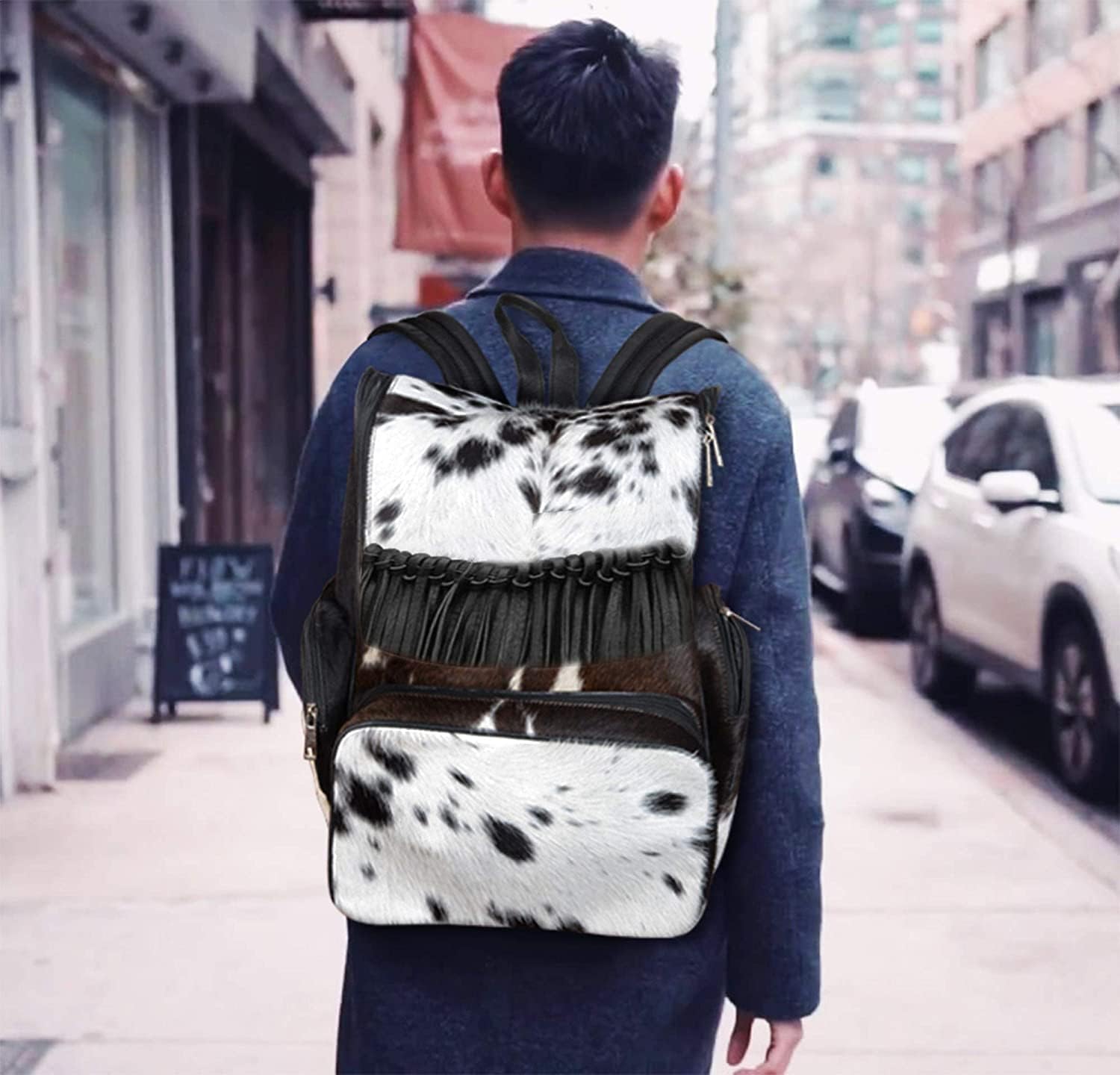 Black Cowhide Leather Diaper Bag Fringe Backpack - Western Style Mother's Day Gift Artisan Cow Print Travel Rucksack for Stylish Moms