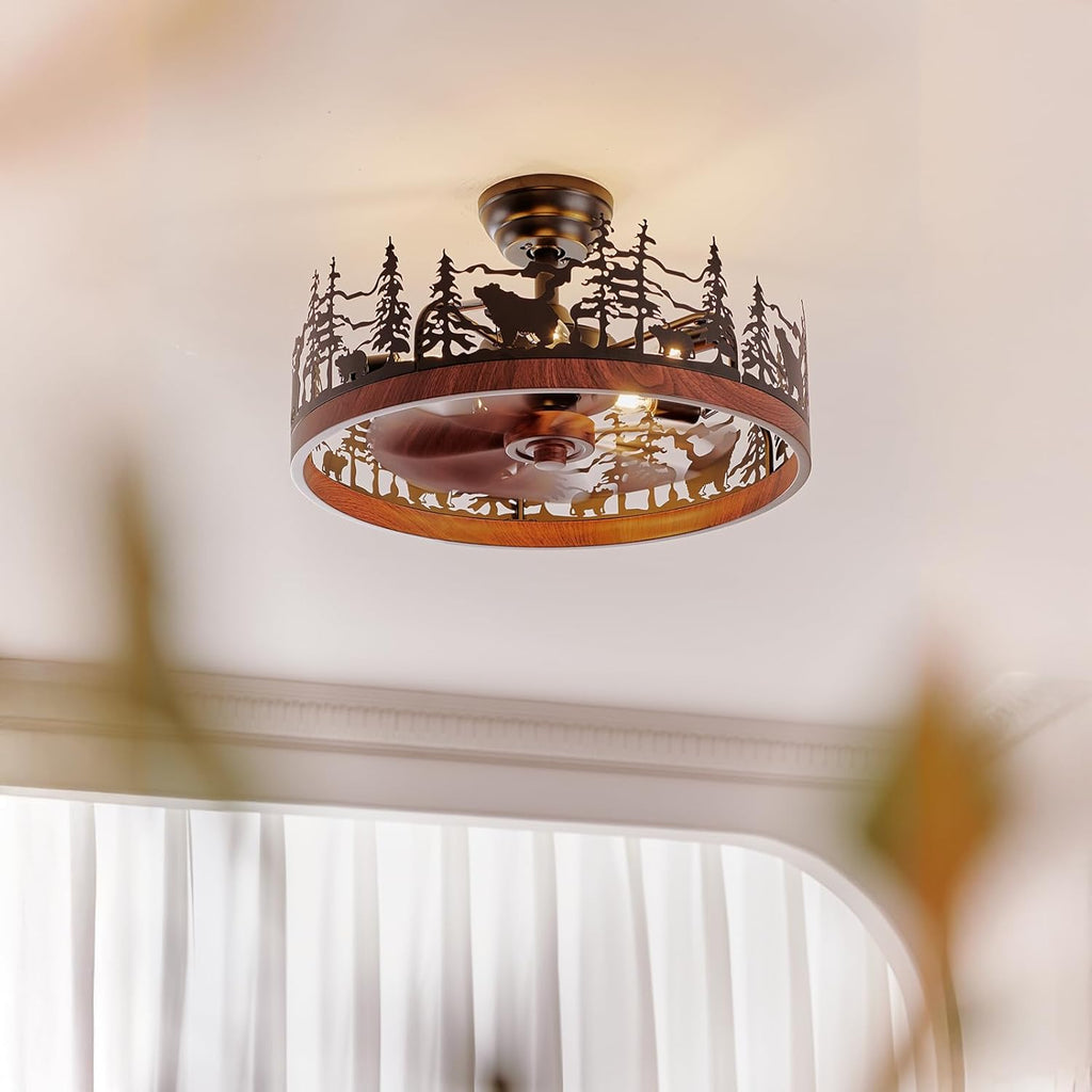 Farmhouse Rustic Ceiling Fan with Light and Remote, 21.7' Flush Mount Enclosed Bladeless Black Chandelier Fan with Forest and Bear, Reversible Fandelier Ceiling Fan for Living Room Bedroom