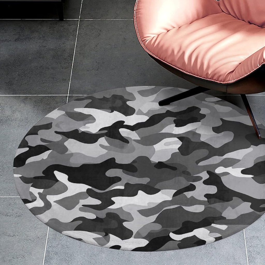 Black Grey White Camo Coral Velvet Round Floor Mat Non-Slip Bath Rug Floor Covering for Bathroom Vanity Guest Suite & Vacation Home