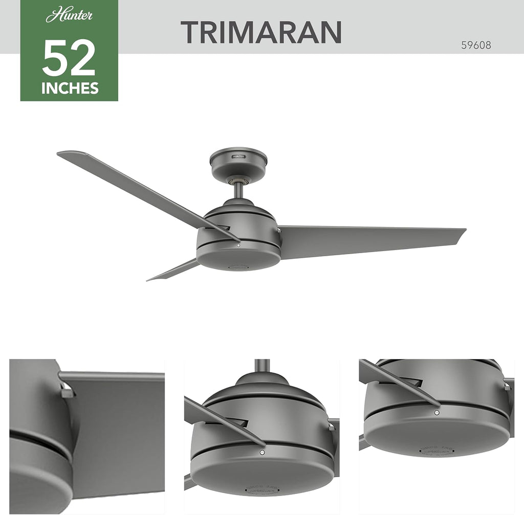 Hunter 52 inch Outdoor or Indoor Ceiling Fan No Light - Ceiling Fan without Light, For Patio, Porch, Garage, or Living Room, Standard Mount, 3 Blades, Wall Control - Trimaran 59608, Matte Silver