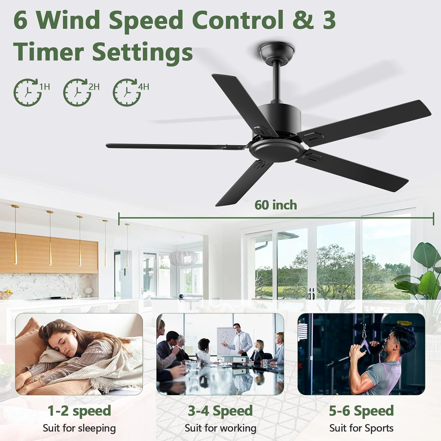 Obabala Outdoor Ceiling Fan No Light, 60 Inch Black Modern Ceiling Fan Without Light, Dual Finish 5 Blades,6 Speed, Reversible Quiet DC Motor for Patios, Garage, Bedroom, Porch