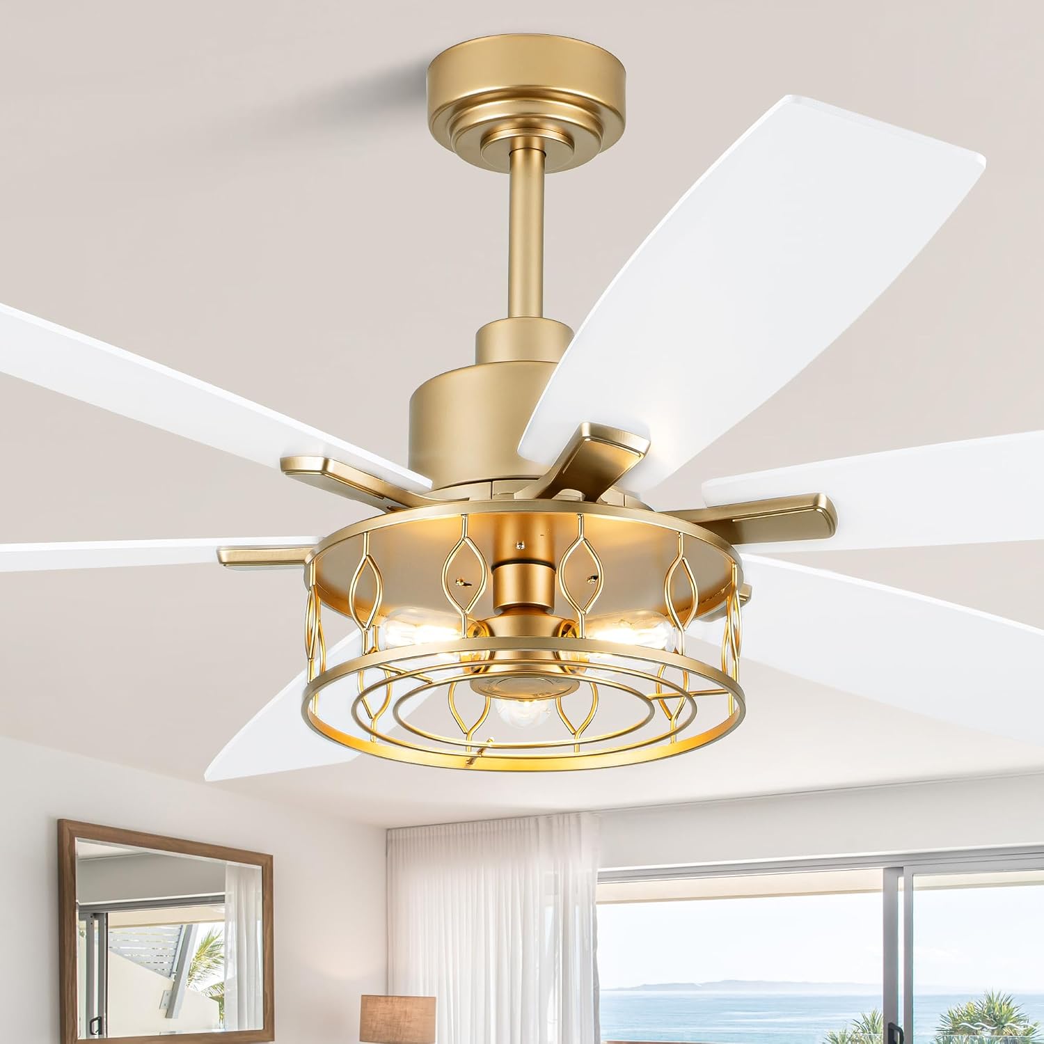 Dawn Whisper 60 Inch Ceiling Fans with Lights Gold Ceiling Fans with Remote Quiet Reversible DC Motor 6 Speeds Large Industrial Chandelier Fan for Living Room Bedroom