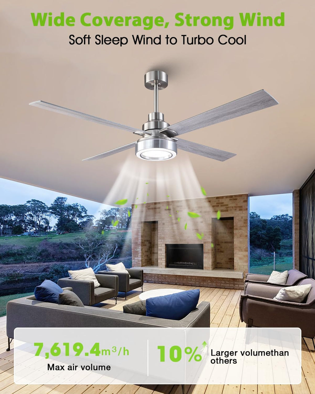 60 Inch Large Brushed Nickel Ceiling Fans with Lights and Remote/APP - Modern Sleek Indoor Outdoor Ceiling Fan for House, Living Room, Shop, Garage Silver Ceiling Fan, 3CCT Dimmable, 6 Speeds