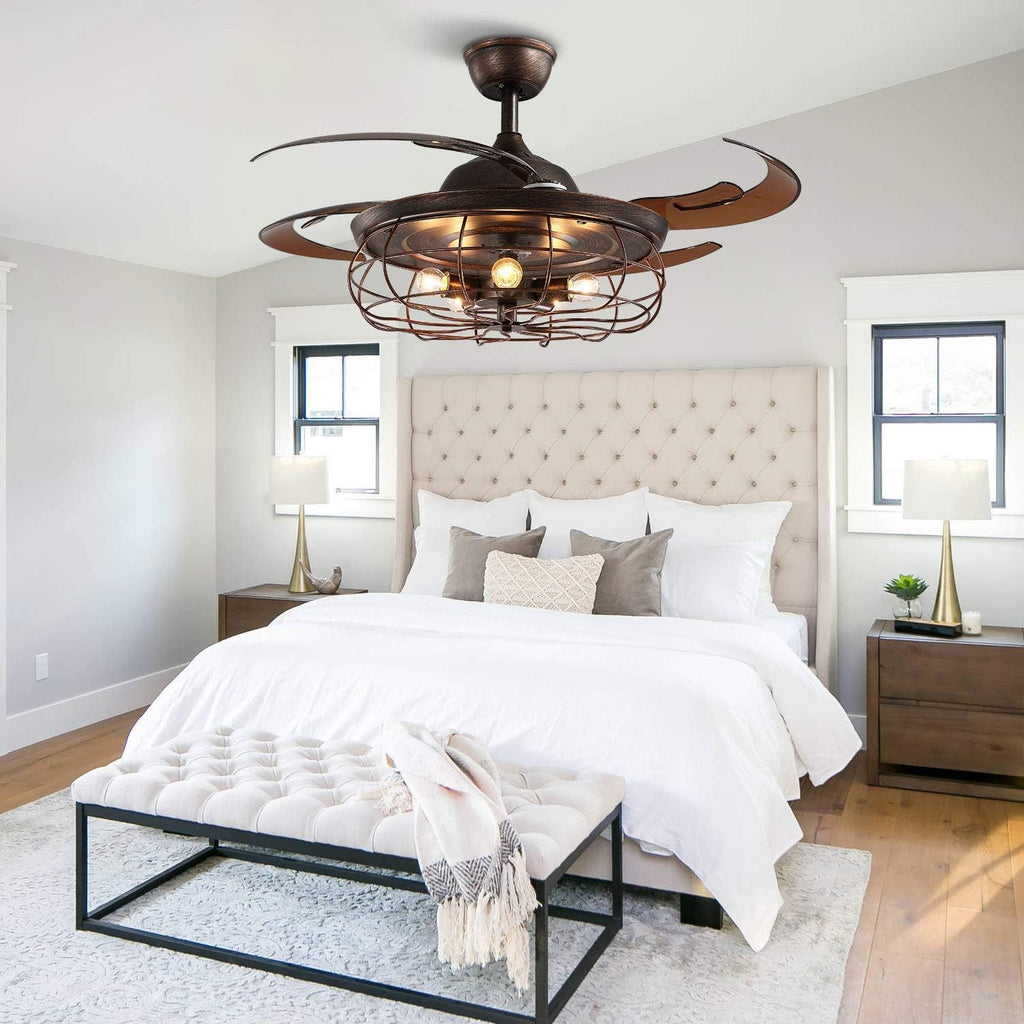 48 Inches Retractable Caged Ceiling Fan with Lights, Reverse Industrial Rusty Fandelier Fan Chandelier with Remote Control for Living Room Dining Room Bedroom - 5 Lights