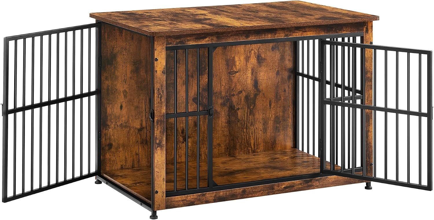 Feandrea 38.6' Dog Crate Furniture, Heavy-Duty Dog Cage Side End Table, XL Pet Wood Kennel for Large and Medium Dogs up to 70 lb with Enclosed Base, Double-Door Pet House, Rustic Brown