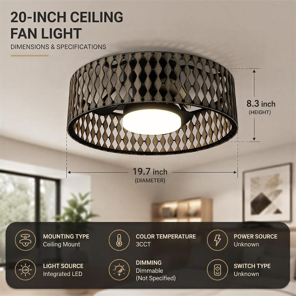 Low Profile Ceiling Fan With Lights,Ceiling Fans with Lights and Remote | Farmhouse fandelier with dimmable LED,Bobo Flush Mount Ceiling Fan for bedroom, kitchen, hallway,dining room，20inch