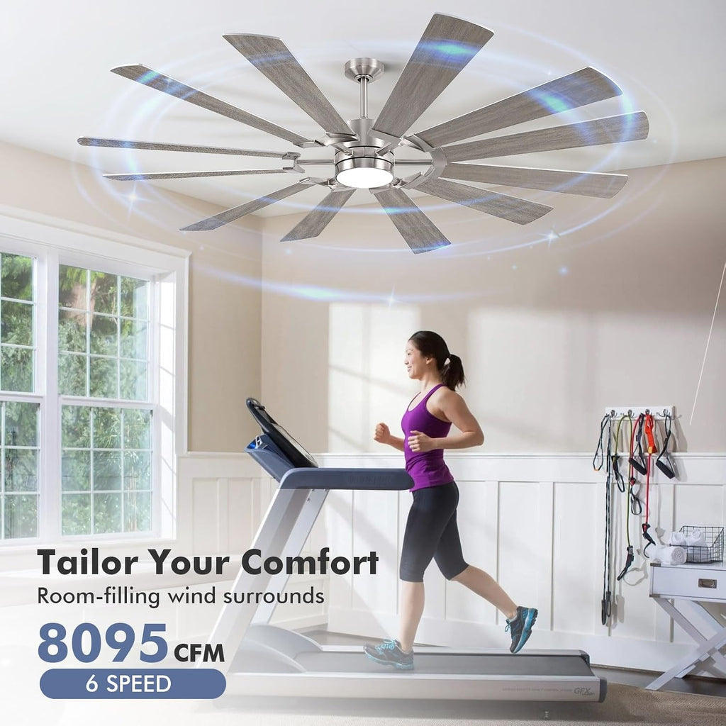 72' Outdoor Ceiling Fan with Light Remote, 12 Blade Large Modern Industrial Ceiling Fan with Dimmable Light High CFM Quiet Energy Efficient DC Motor, for Indoor Exterior Home Commercial, Silver+Oak