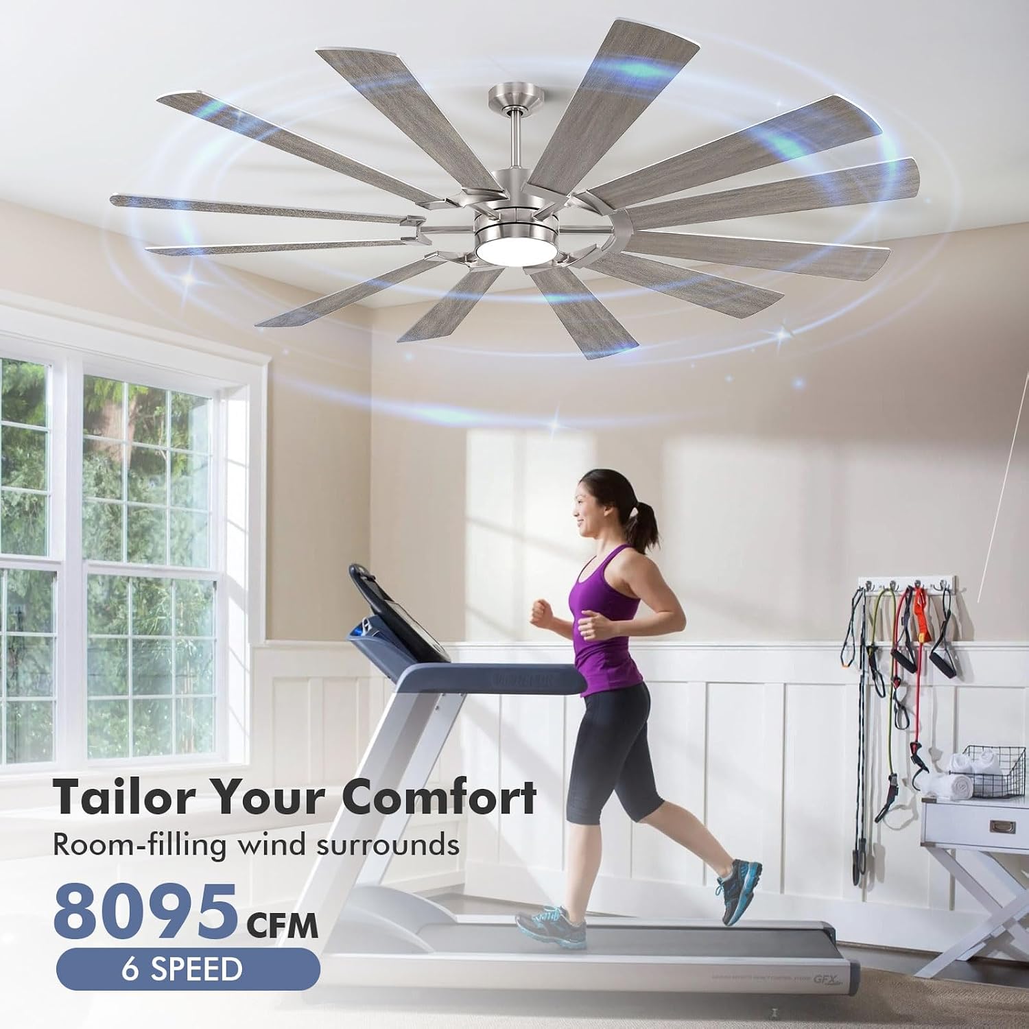 72' Outdoor Ceiling Fan with Light Remote, 12 Blade Large Modern Industrial Ceiling Fan with Dimmable Light High CFM Quiet Energy Efficient DC Motor, for Indoor Exterior Home Commercial, Silver+Oak