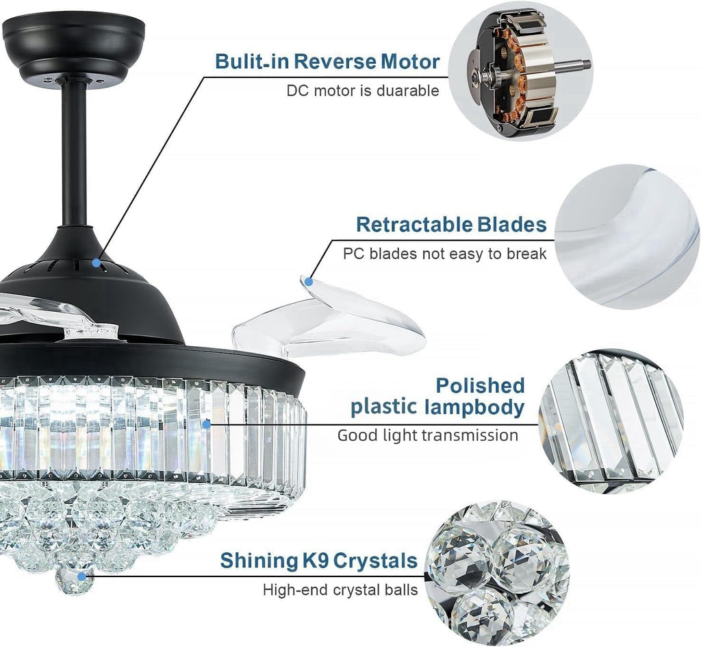 FIDGRA 42'' Fandelier Ceiling Fan with Light, Retractable Chandelier Fan, 3 Color Temperature, 6 Wind Speed, Crystal Ceiling Fan for Bedroom Living Room Dining Room-Black