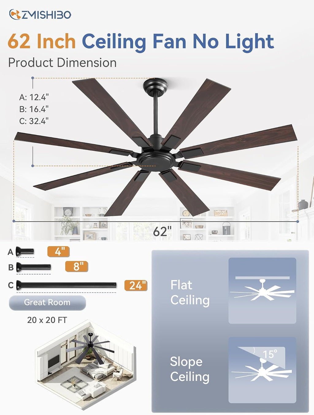 ZMISHIBO 62 Inch Ceiling Fan No Light with Remote, Modern Black Ceiling Fan without Light, Quiet Reversible DC Motor, 6-Speeds, Large Ceiling Fans for Living Room, Bedroom, Patio, Indoor/Outdoor Use