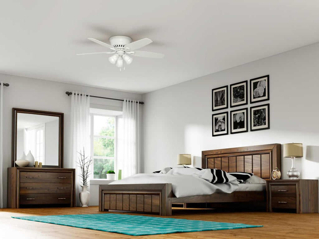 Hunter 52 inch Indoor Ceiling Fan with LED Lights - White Ceiling Fan with Pull Chain, For Bedroom, Living Room, or Kitchen, Low Profile Flush Mount, No Remote, 5 Blades - Builder 53326, Snow White
