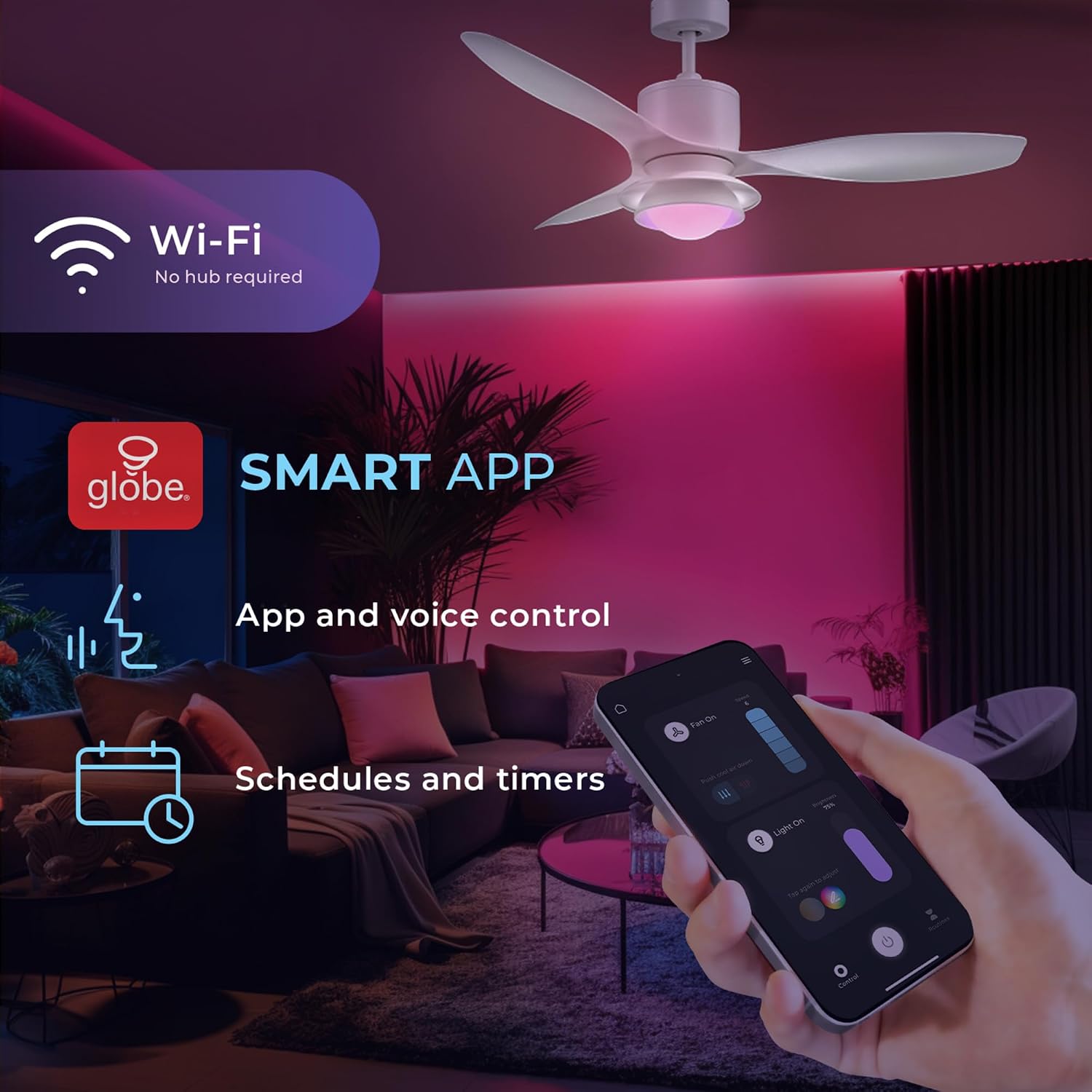 Globe Electric Oswald 48 in. Smart Ceiling Fan with LED Light, Energy Saving, Reversible Airflow, Remote Control, Whisper Quiet DC Motor, 6 Speeds, White