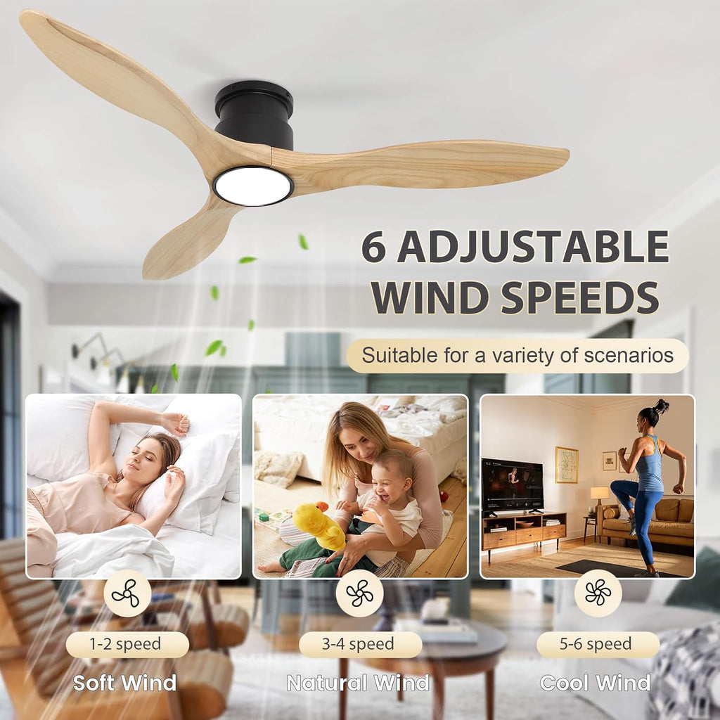 Ceiling Fans with Lights Remote 52inch Solid Amber Color Wood Fan Timing 6 Speeds Silent Reversible DC Motor 3CCT LED Light with Memory Lighting Function Indoor Outdoor Fan Farmhouse Bedroom