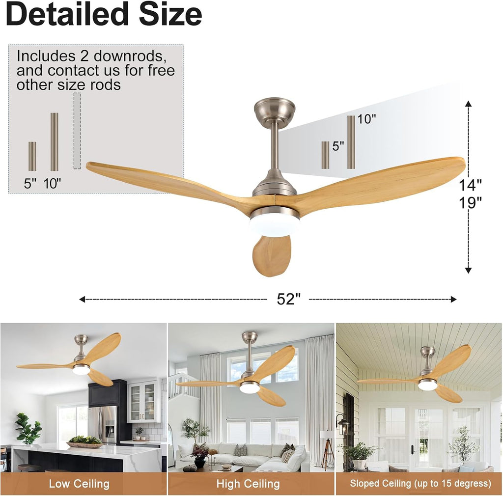 52 Inch Solid Wood Outdoor Ceiling Fans with Lights and Remote,3 Natural Wood Blades,Dimmable,6 Speed Quiet DC Motor, Indoor Outdoor Ceiling Fan for Patios Bedroom Living Room