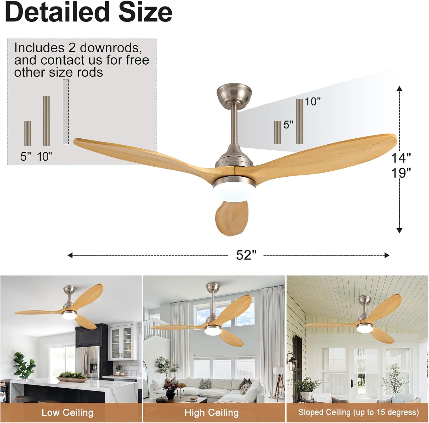 52 Inch Solid Wood Outdoor Ceiling Fans with Lights and Remote,3 Natural Wood Blades,Dimmable,6 Speed Quiet DC Motor, Indoor Outdoor Ceiling Fan for Patios Bedroom Living Room