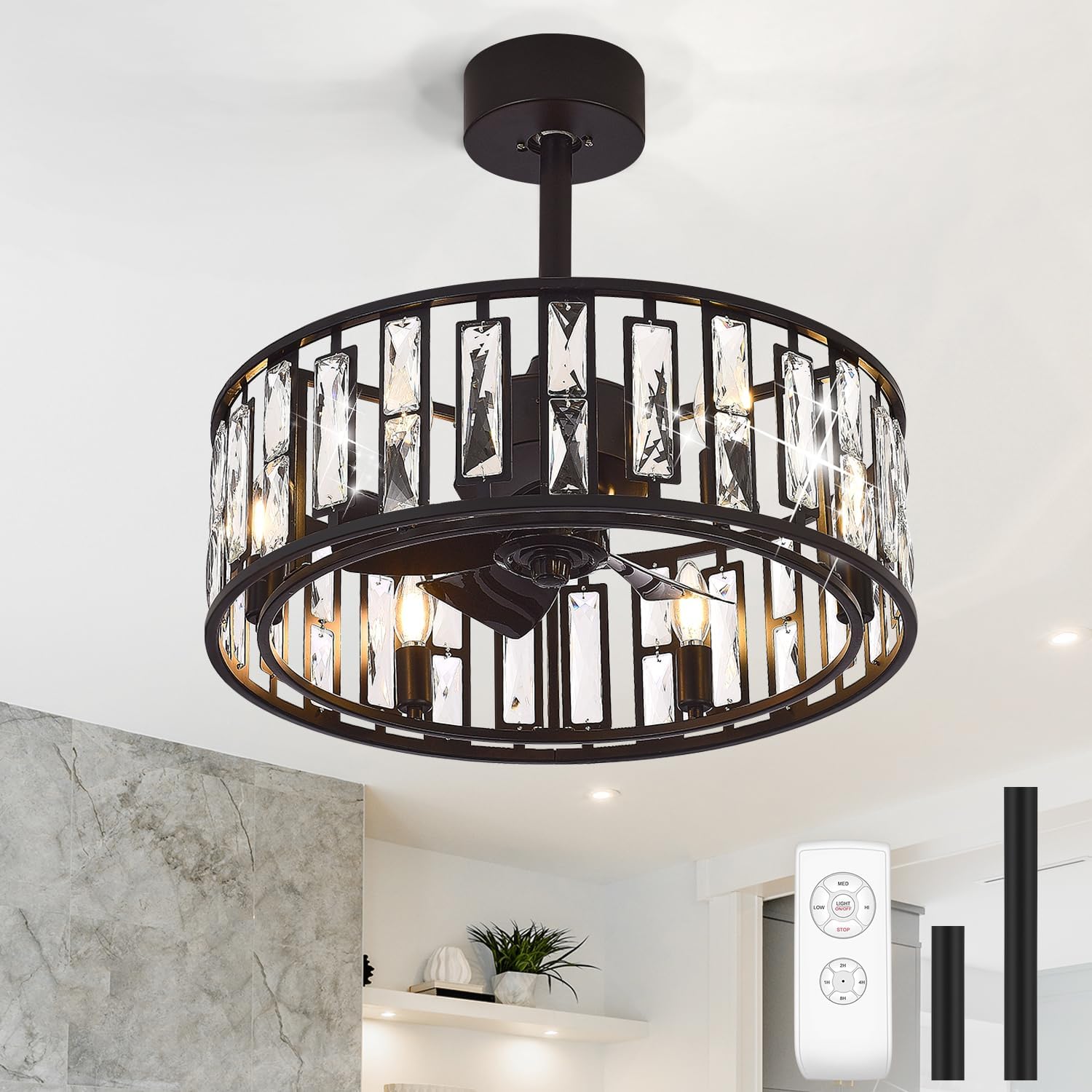 20' Small Caged Ceiling Fans with Lights and Remote, Industrial Enclosed Ceiling Fan Crystal Light with Reversible DC Motor, Bladeless Ceiling Fans for Bedroom Living Room (Black)