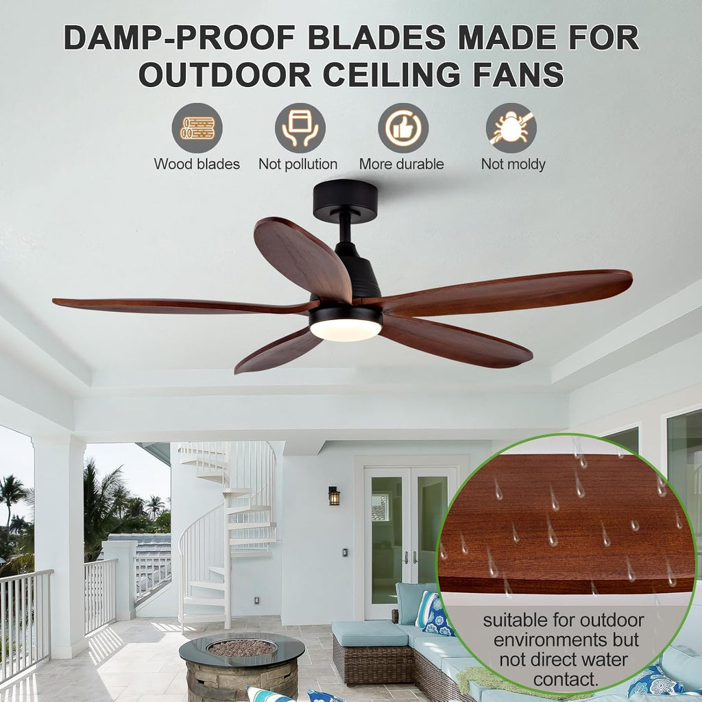 48 Inch Wood Ceiling Fans with Lights and Remote, Modern Outdoor Ceiling Fan with Light for Patio, Dimmable, 5 Blades, Wall Switch, Reversible DC Motor, Memory Function (Black Walnut)