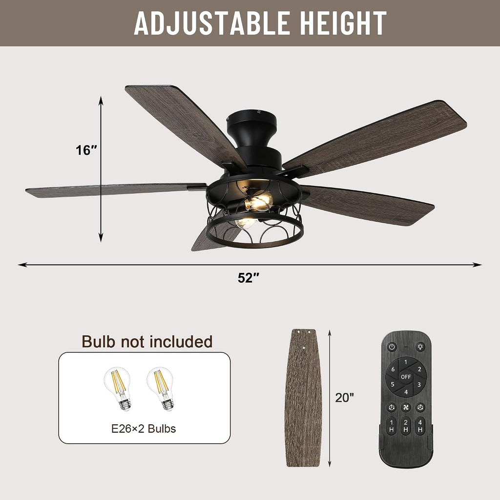 52'' Flush Mount Ceiling Fan with Light, Farmhouse Low Profile Ceiling Fan with Remote, 6-Speed Quiet Reversible DC Motor, 3 Clear Glass Lights, Timer Function, for Bedroom Living Room Kitchen