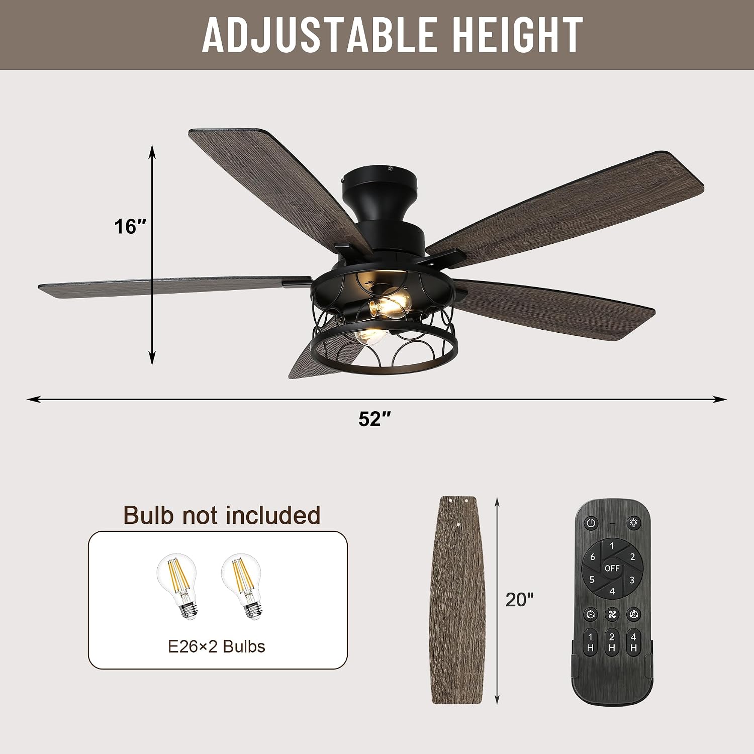 52'' Flush Mount Ceiling Fan with Light, Farmhouse Low Profile Ceiling Fan with Remote, 6-Speed Quiet Reversible DC Motor, 3 Clear Glass Lights, Timer Function, for Bedroom Living Room Kitchen