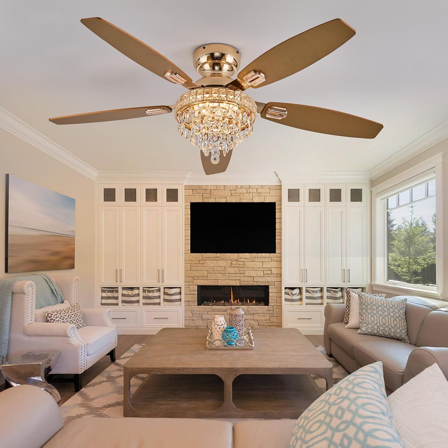 Crystal Ceiling Fan Fandelier with Lights-Ceiling Fans with Lights,54' Low Profile and Remote Control, Flush Mount, Reversible, Dimmable, Noiseless,Gold Ceiling Fan for Bedroom