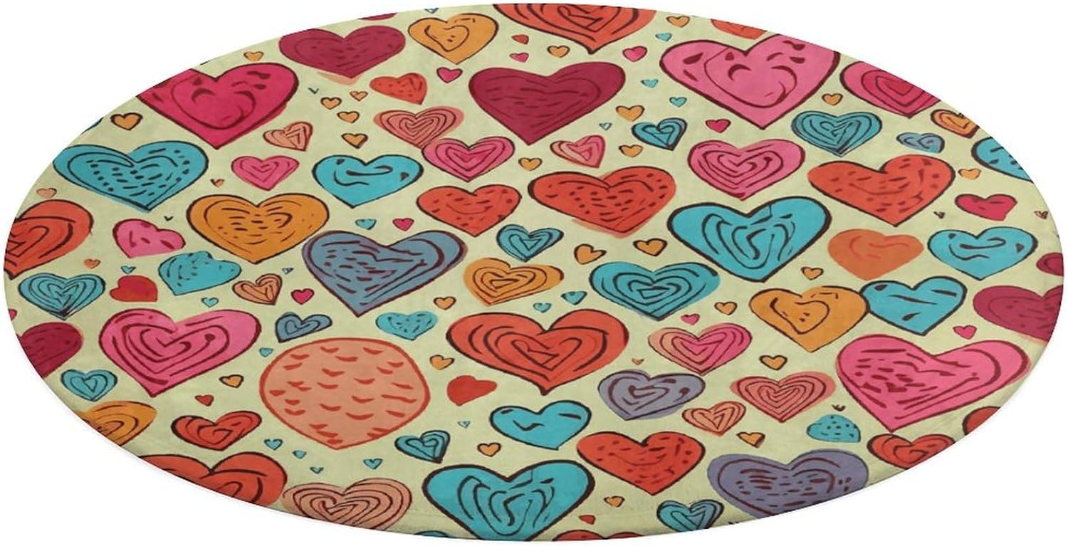 Colorful Heart Pattern Coral Velvet Round Floor Mat Non-Slip Bath Rug Floor Covering for Bathroom Vanity Guest Suite & Vacation Home