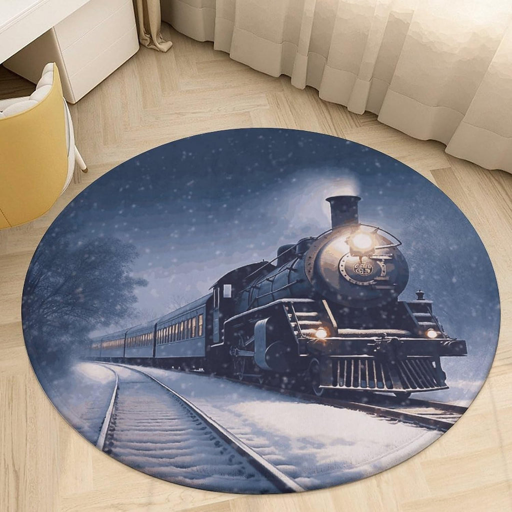 Winter Christmas Snow Night Railway Train Coral Velvet Round Floor Mat Non-Slip Bath Rug Floor Covering for Bathroom Vanity Guest Suite & Vacation Home